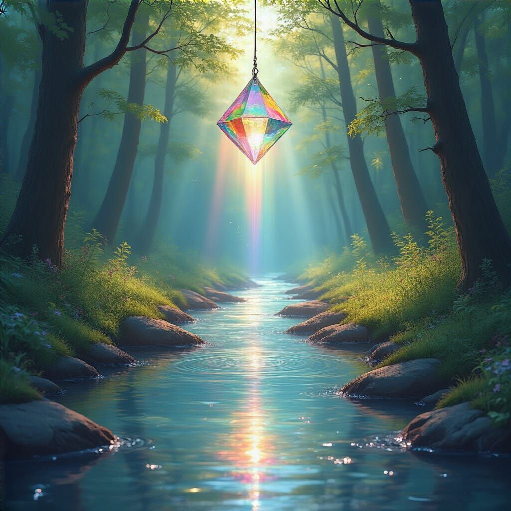 Prismatic Light Refracts Over Forest Stream