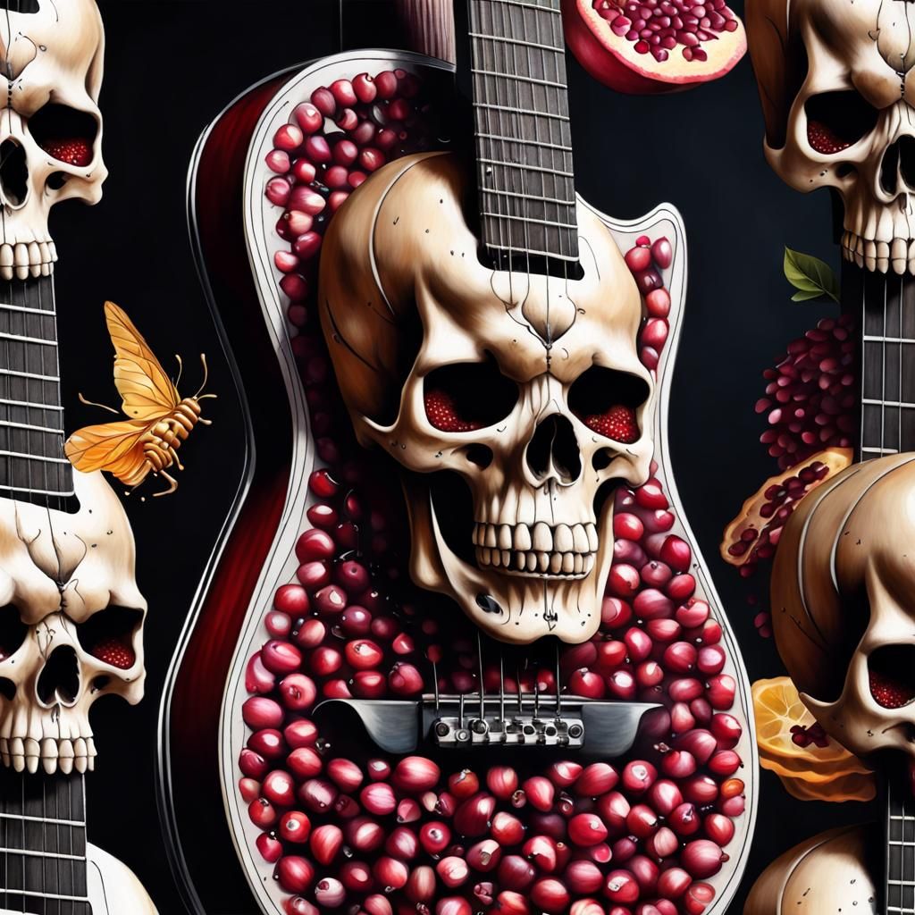 Hyperrealistic Guitar Skull with Pomegranate Seeds