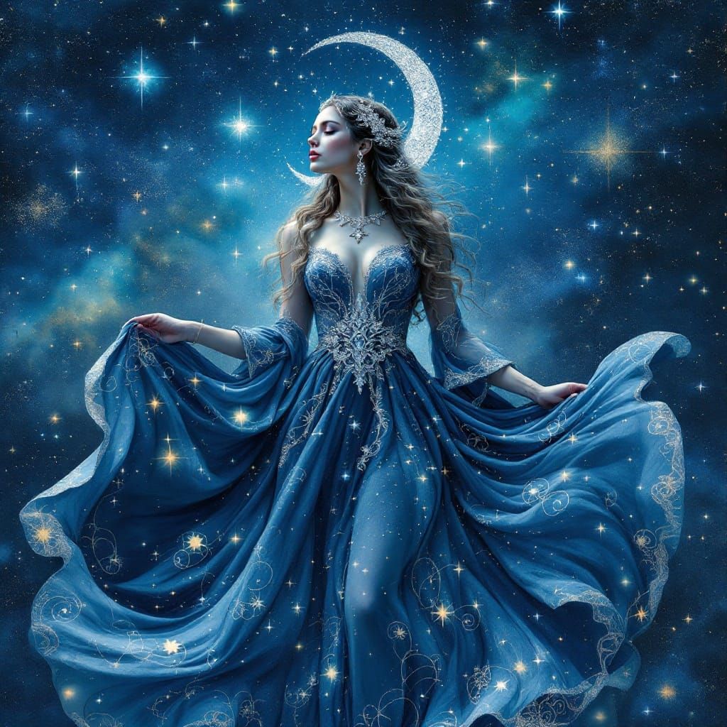 Ethereal Celestial Goddess in Midnight Blue Gown