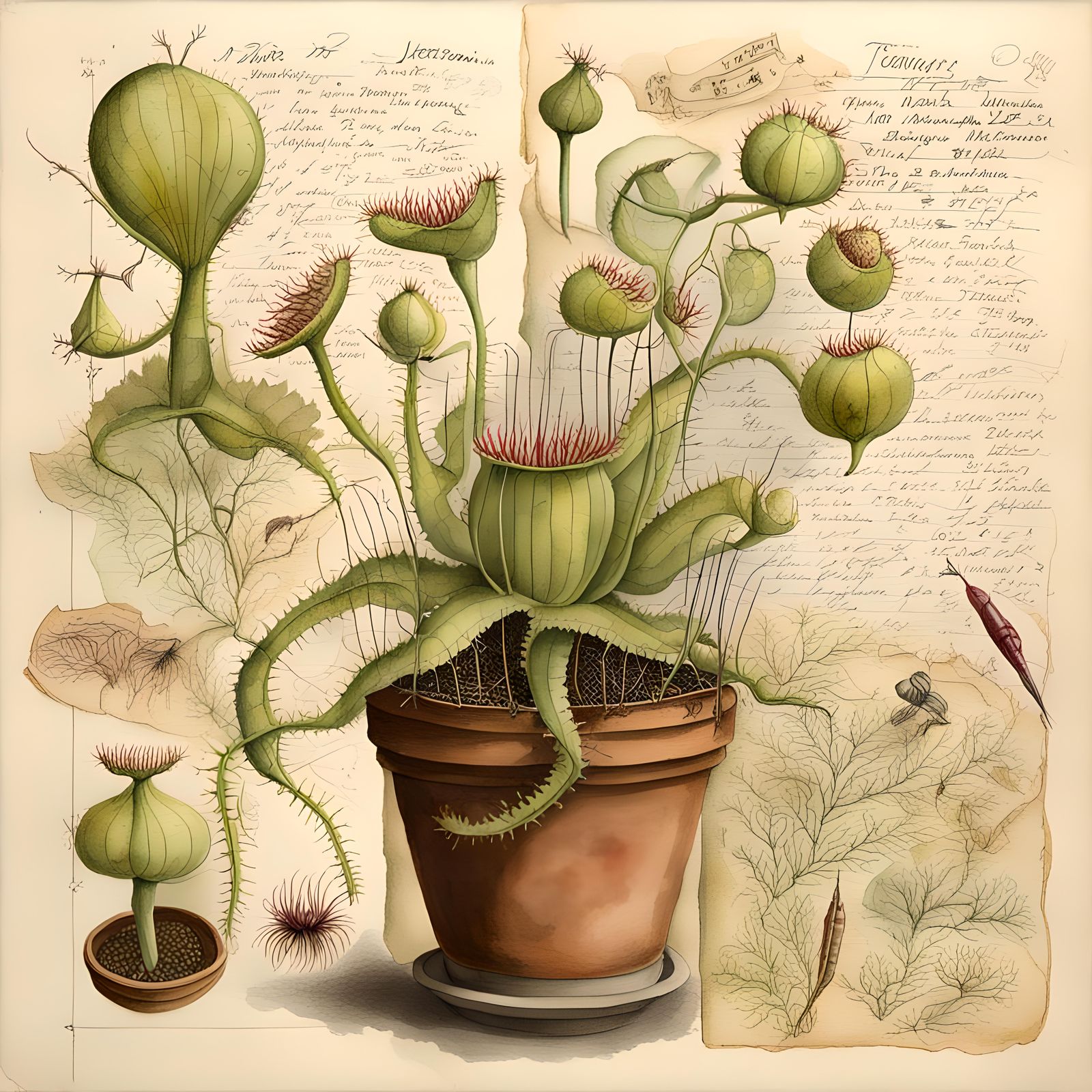 Victorian Flytrap Illustration in Botanist's Notebook