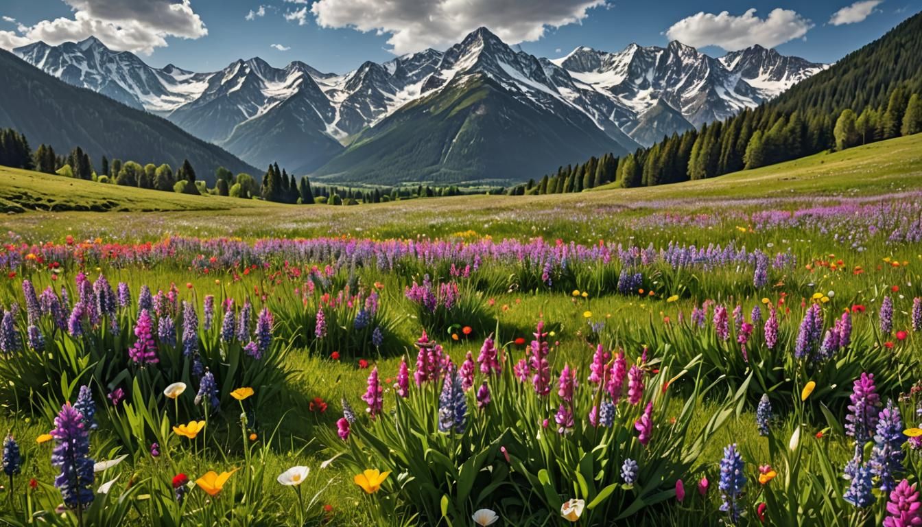 Flowery Spring Meadow with Mountain Peaks in HDR