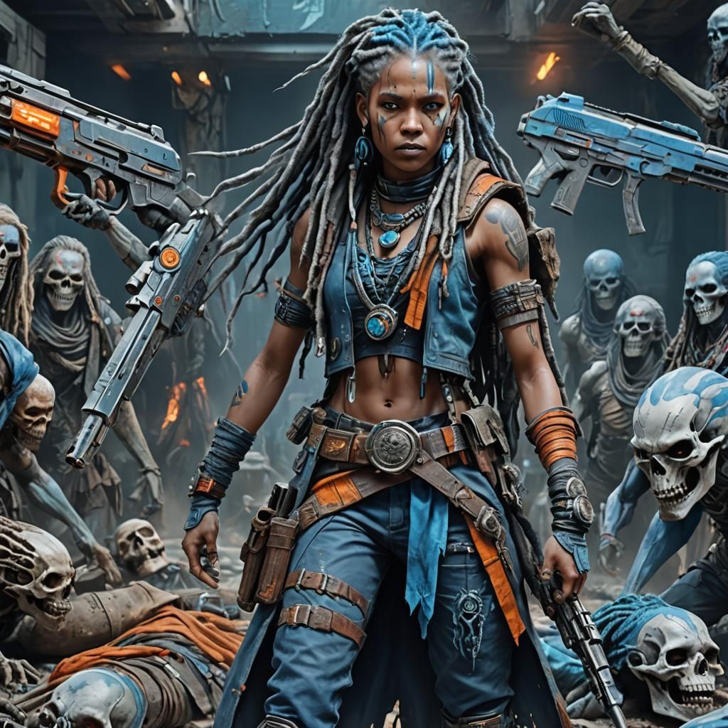 Pale Woman with Plasma Pistols in Dark Fantasy Art