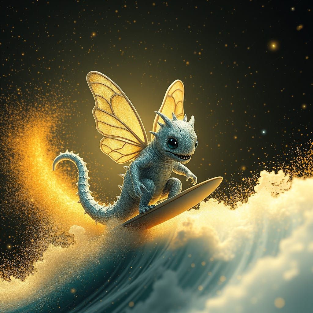 Whimsical Silver Kaiju Surfer in Cosmic Style