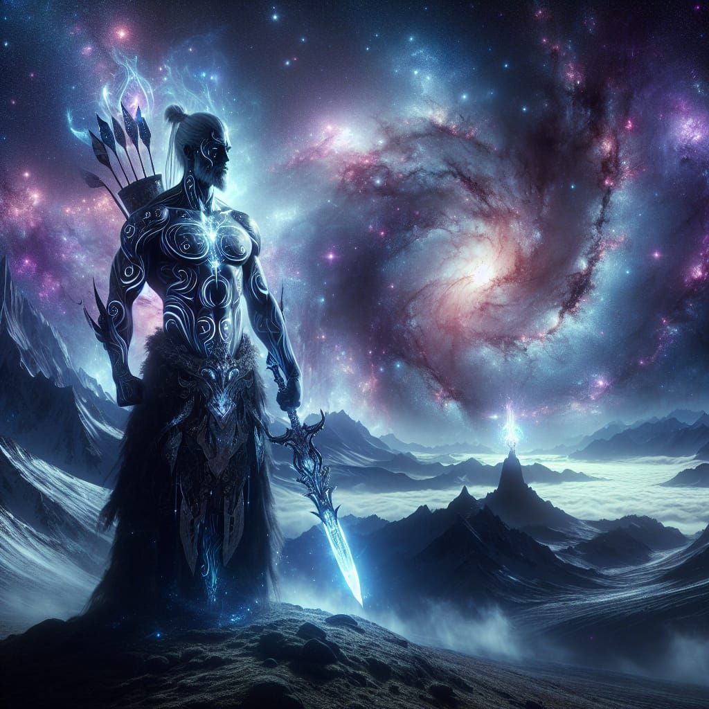 Cosmic Warrior on Mountaintop with Swirling Galaxies