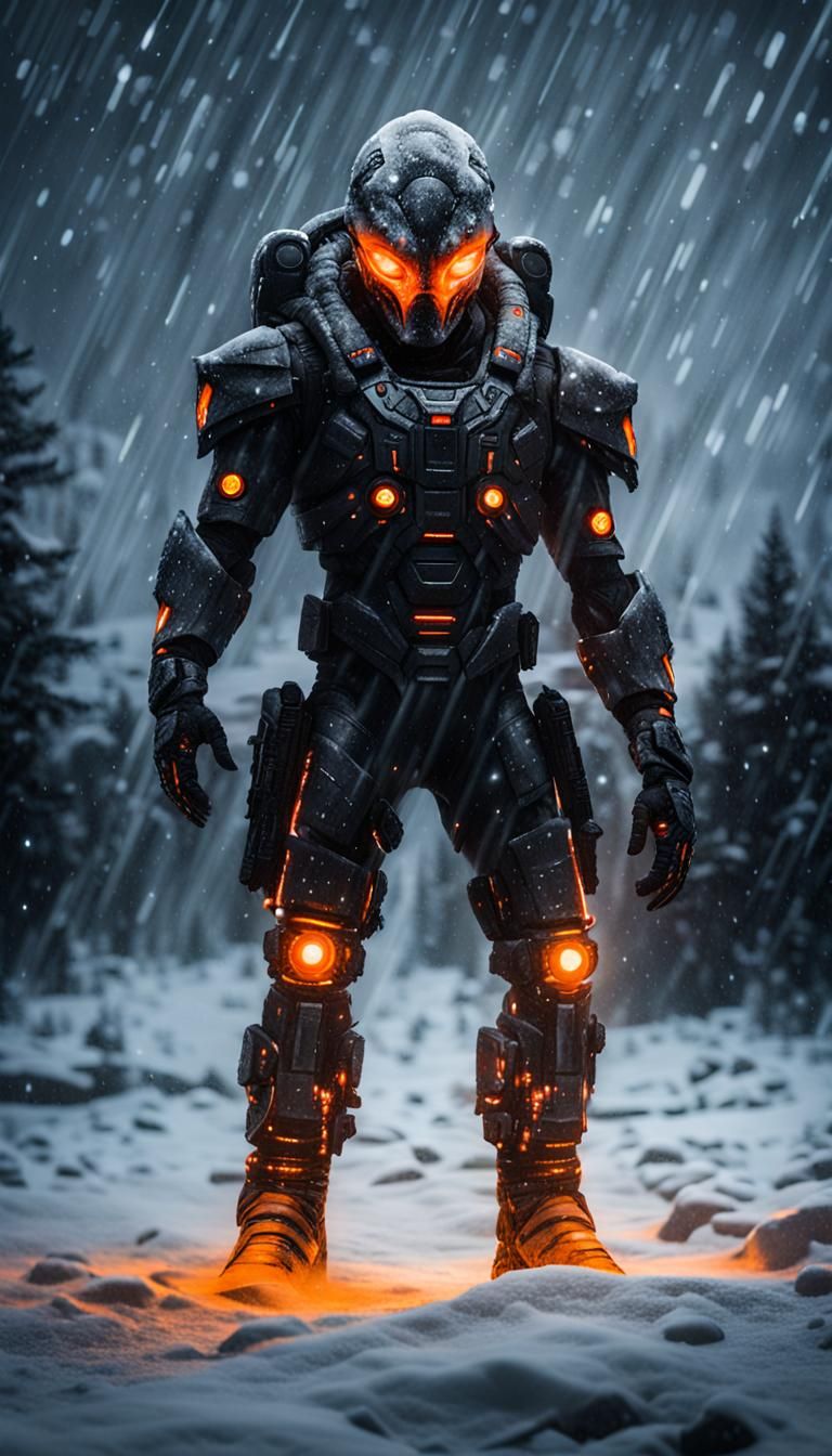 Alien Soldier Monster in Snowstorm Landscape