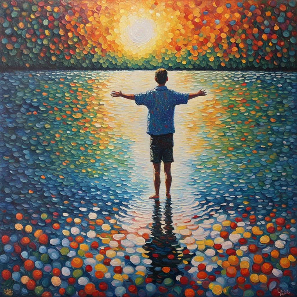 Pointillist Figure at Lake's Edge in Expressionist Style
