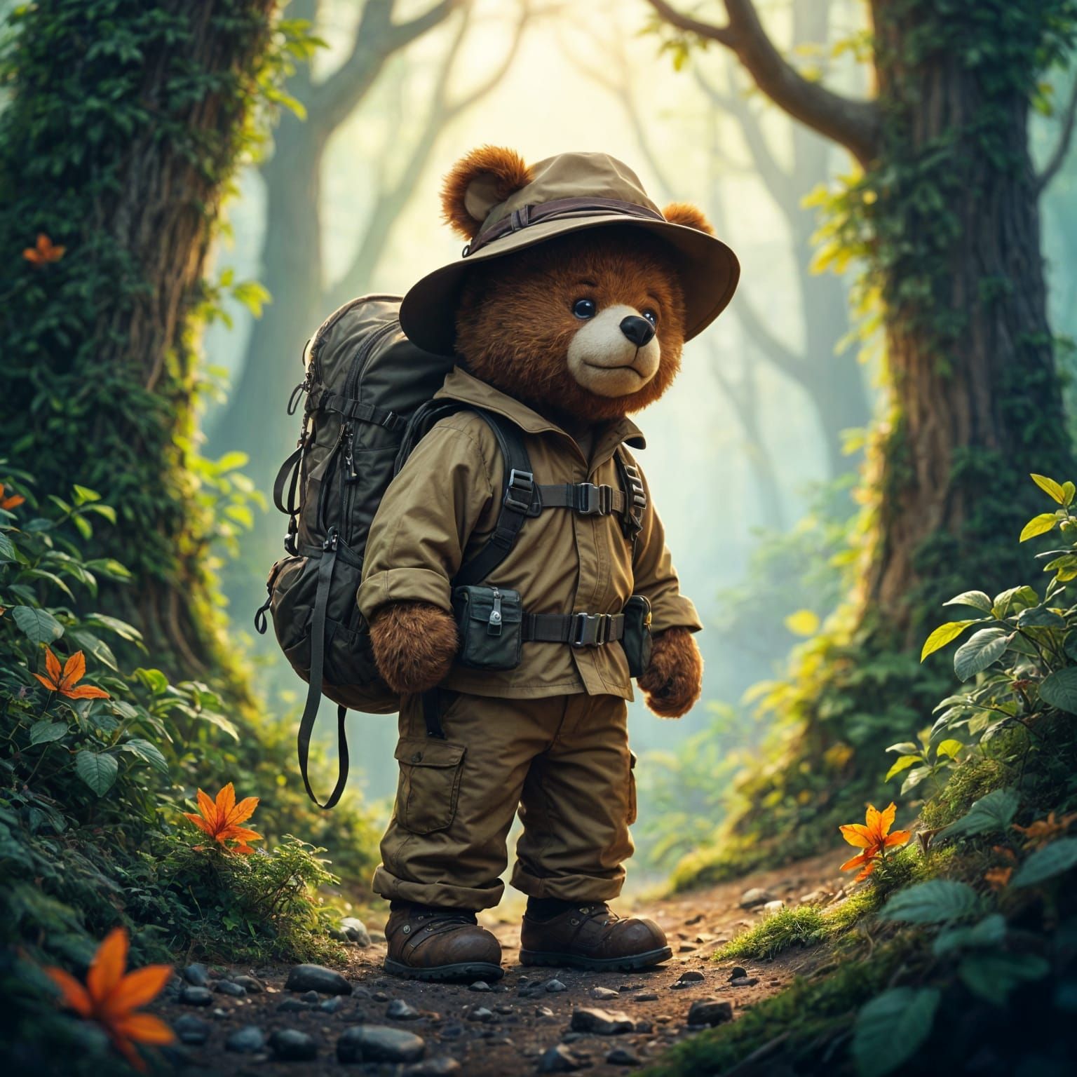 Teddy Bear Explorer in a Fantastical Jungle