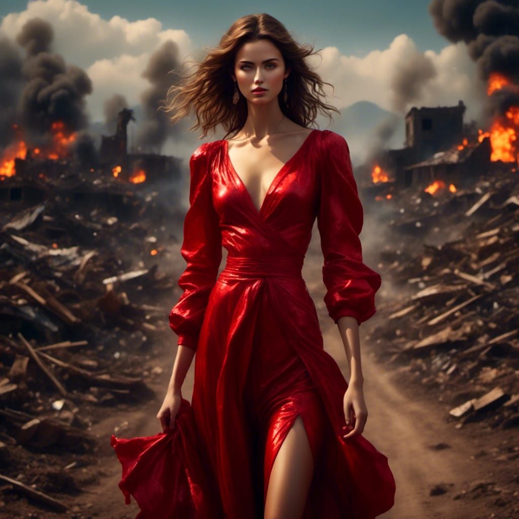 Beautiful Woman in Red Leaving Destruction: Hyperrealism