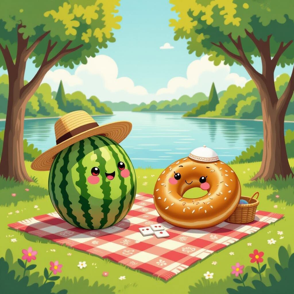 Whimsical Watermelon and Bagel Play Bridge in Park