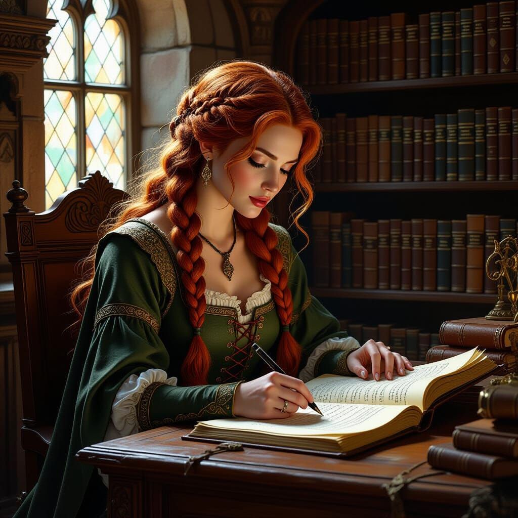 Medieval Redhead Writes in Library, Golden Age Illustration