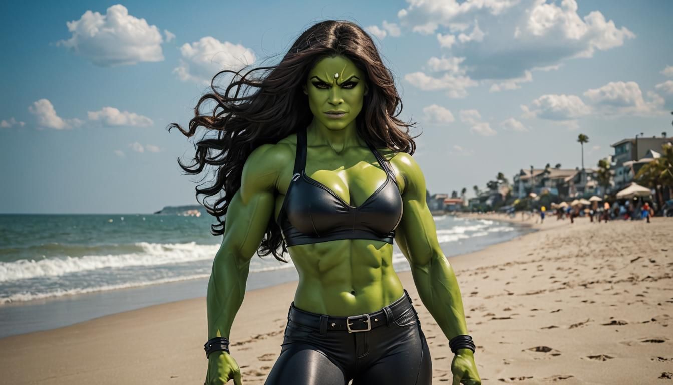 She-Hulk Beach Photoshoot in Marvel Comics Style