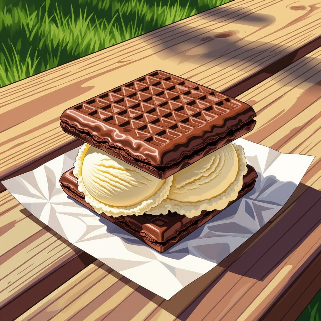 Hyperrealistic Ice Cream Sandwich on Picnic Table