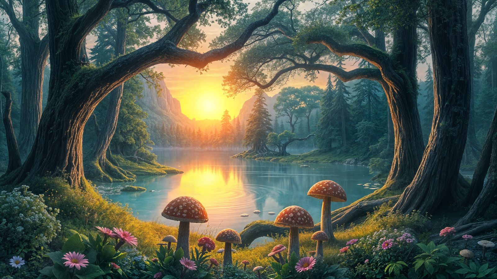 Enchanted Forest Clearing with Shimmering Lake