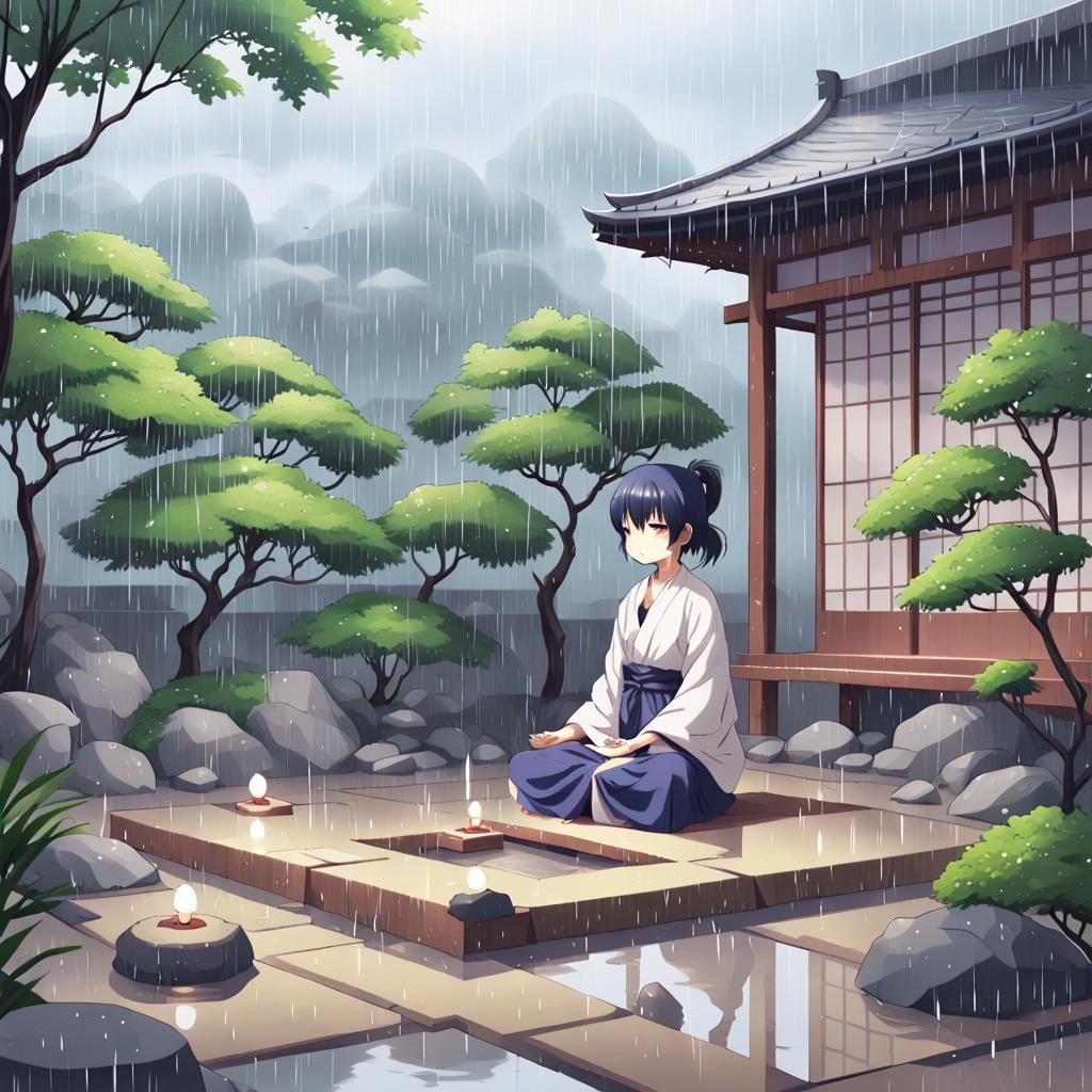 Surreal Zen Moment in a Rainy Japanese Garden Scene