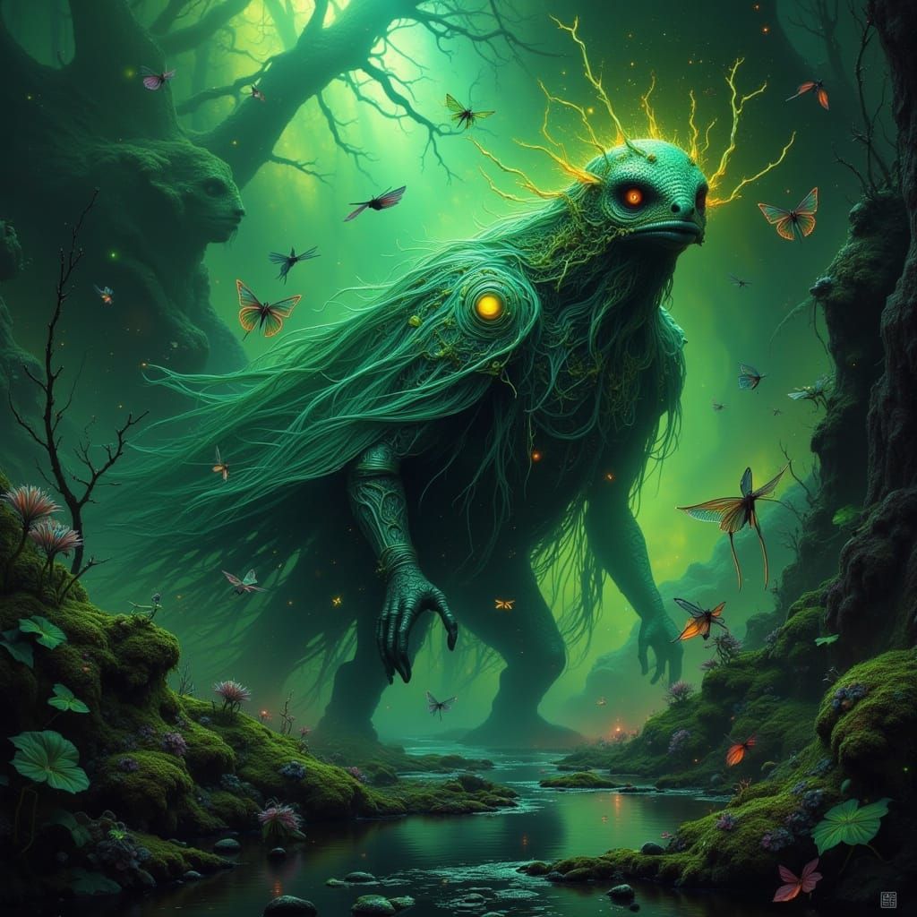 Surreal Dark Green Fae Realm in Cyberpunk Haze