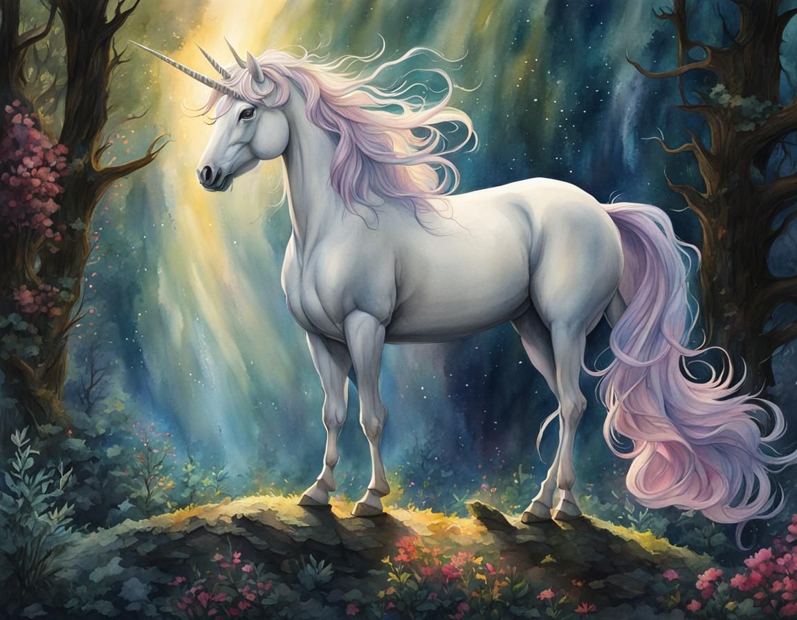 Watercolor Painting of The Last Unicorn