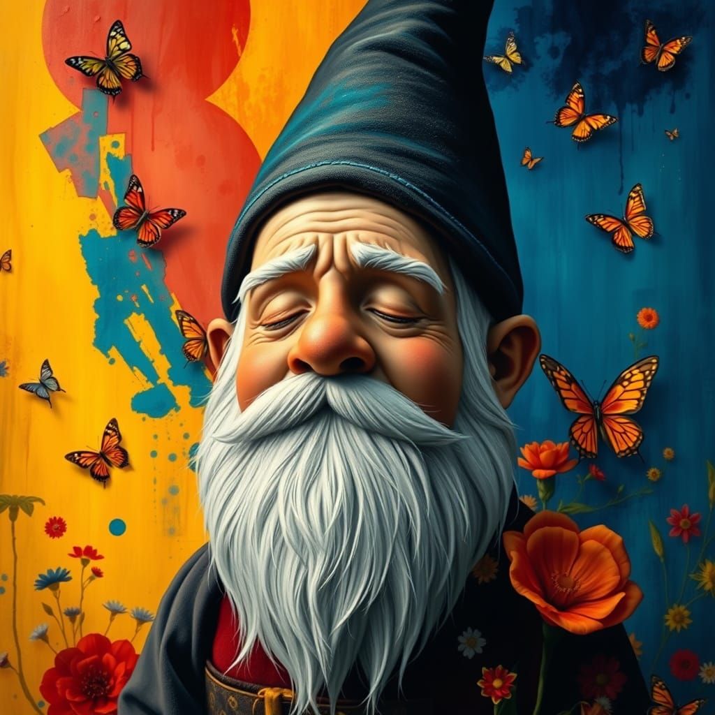 Serene Gnome in Vibrant Surrealist Landscape