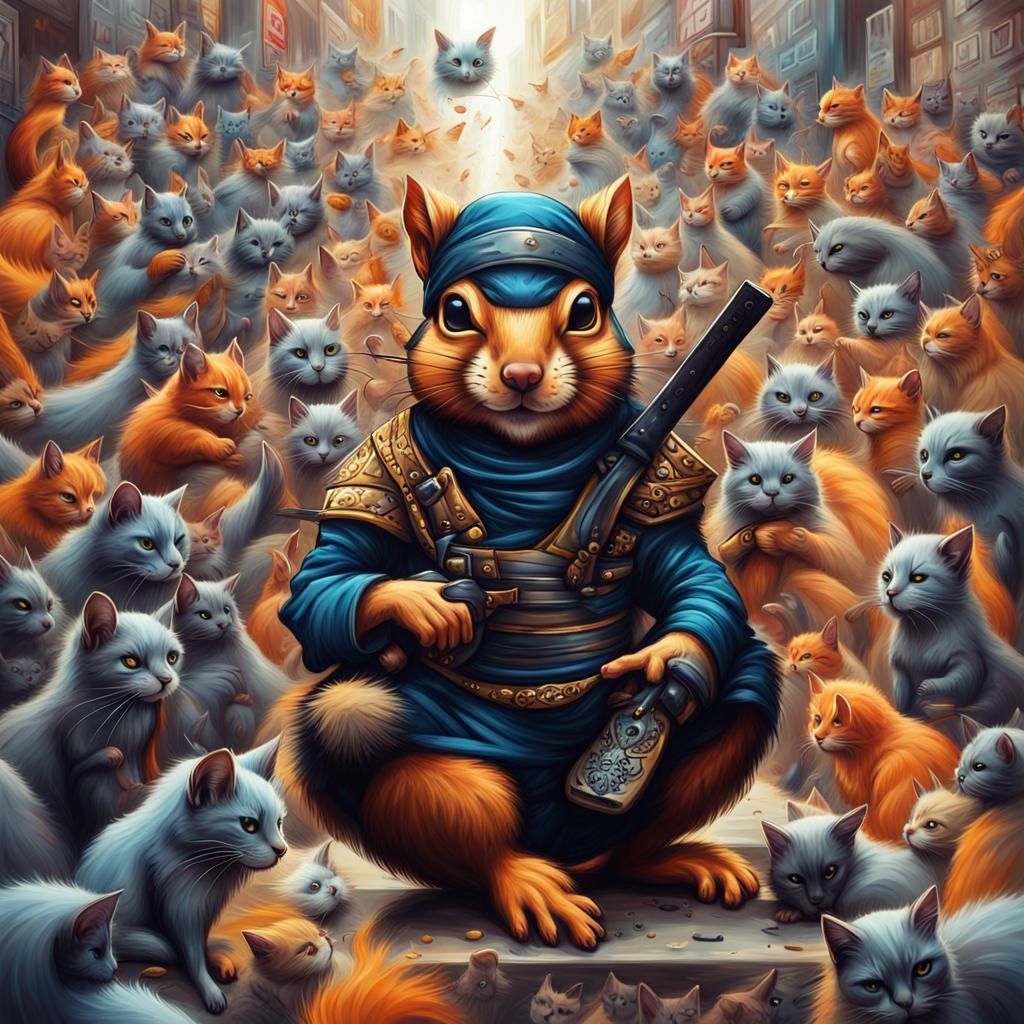 Ninja Squirrel Surrounded by Cats in Graffiti Style