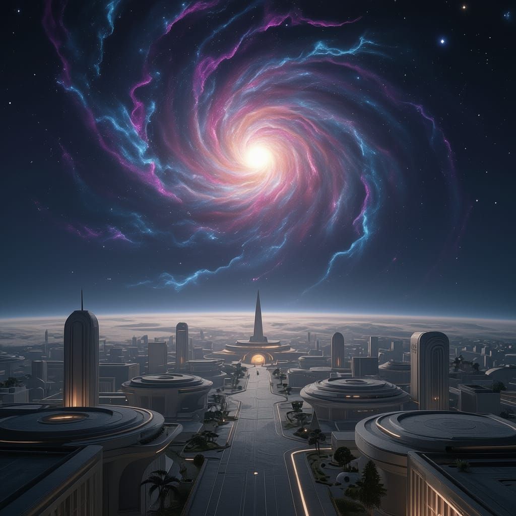 Celestial Being Over Futuristic Moon City