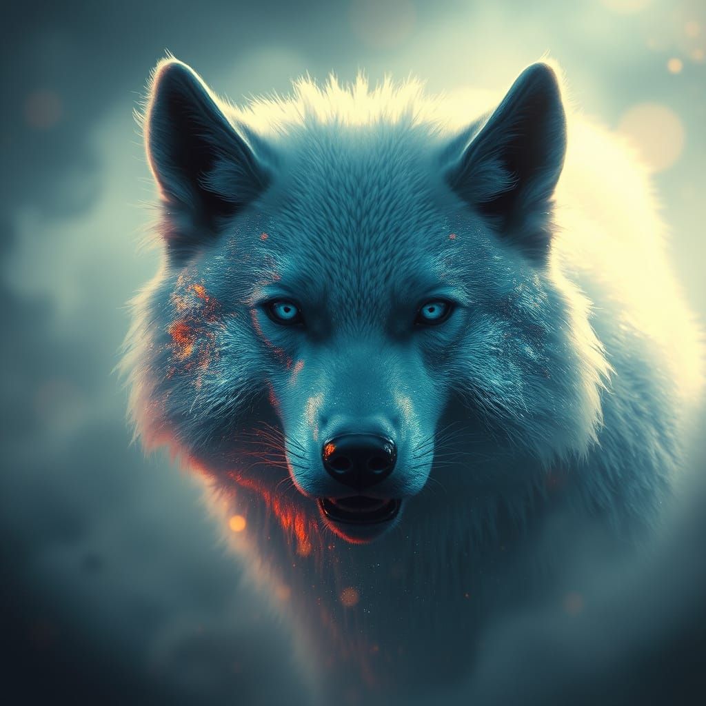 Snow Wolf and Red Panda Hybrid in Mystical Realm