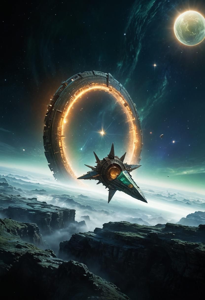 A triangular spaceship flew through a large stargate floating in space, orbiting the planet mm3. Full pro photo with det...