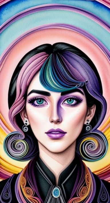 Surreal Vaporwave Portrait in Ligne Claire Sfumato Watercolo...