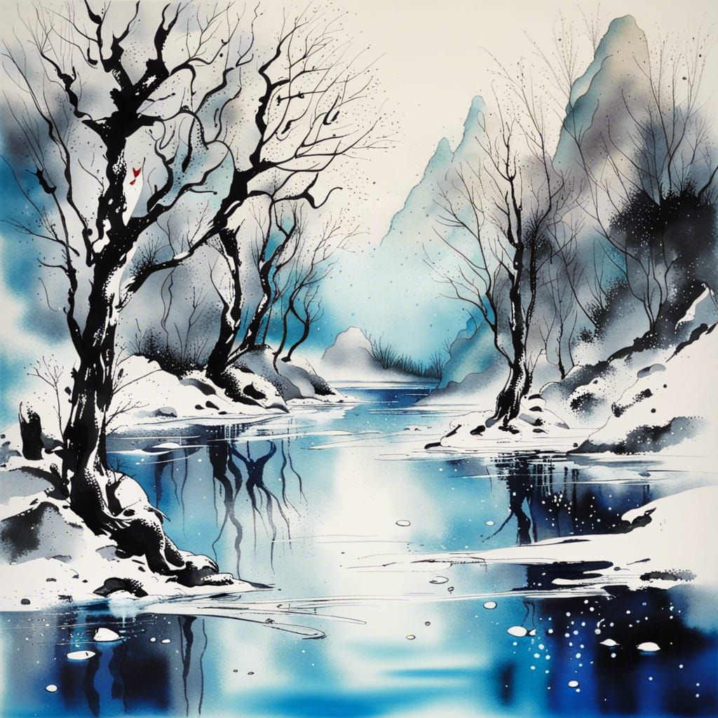 Winter Mountain Scene: Reflections in Ink Splash Art