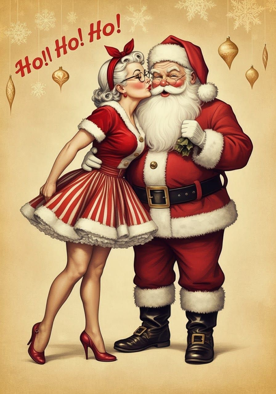 Mrs. Claus Kisses Santa in Vintage Pin-Up Style