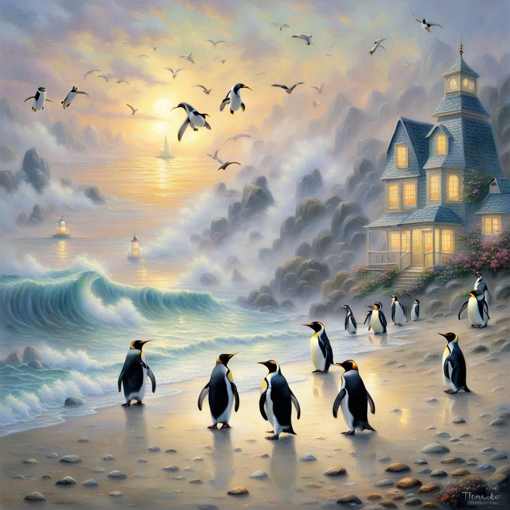 Penguins on a Misty Beach in Ethereal Style