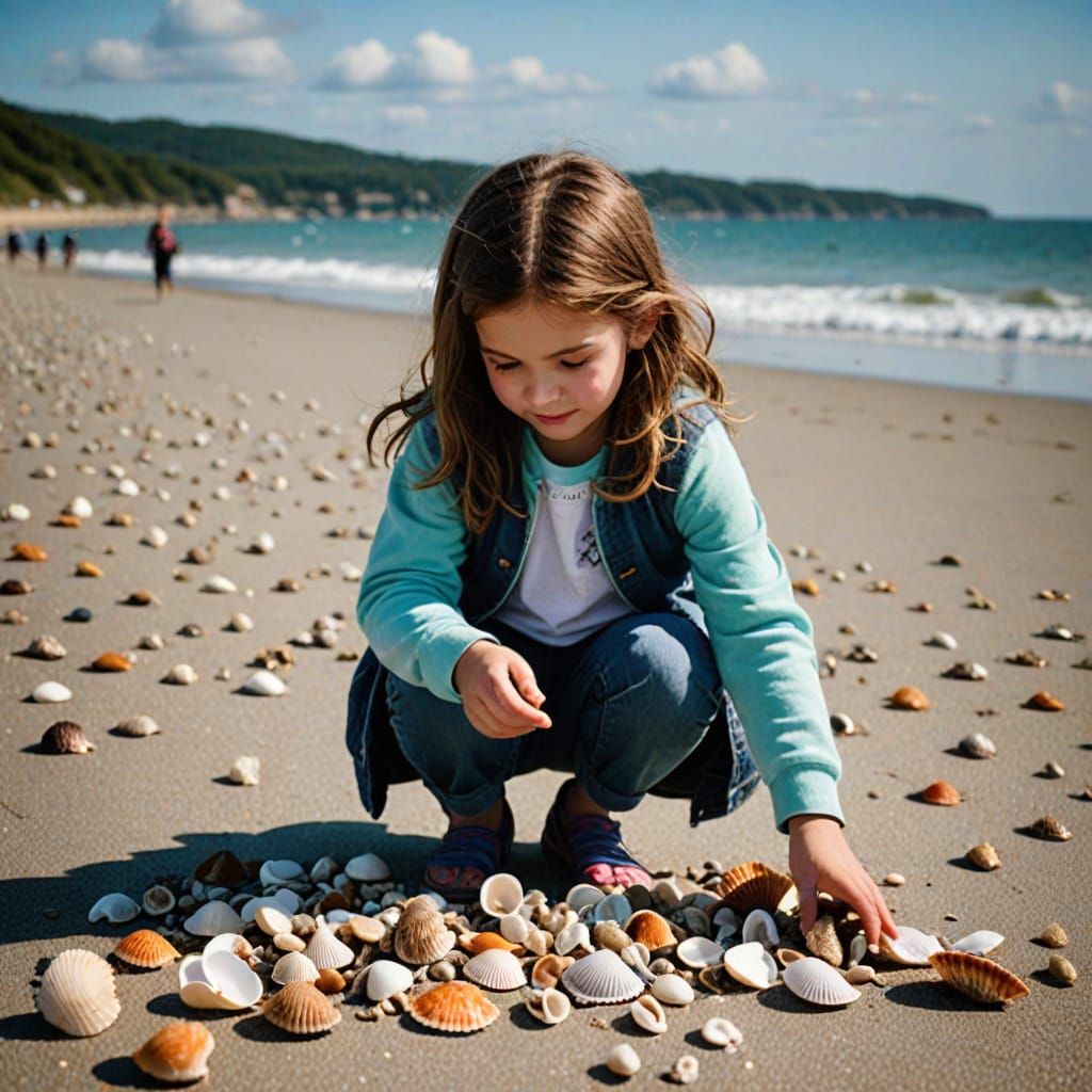 Little Girl Collects Seashells on a Serene Beach