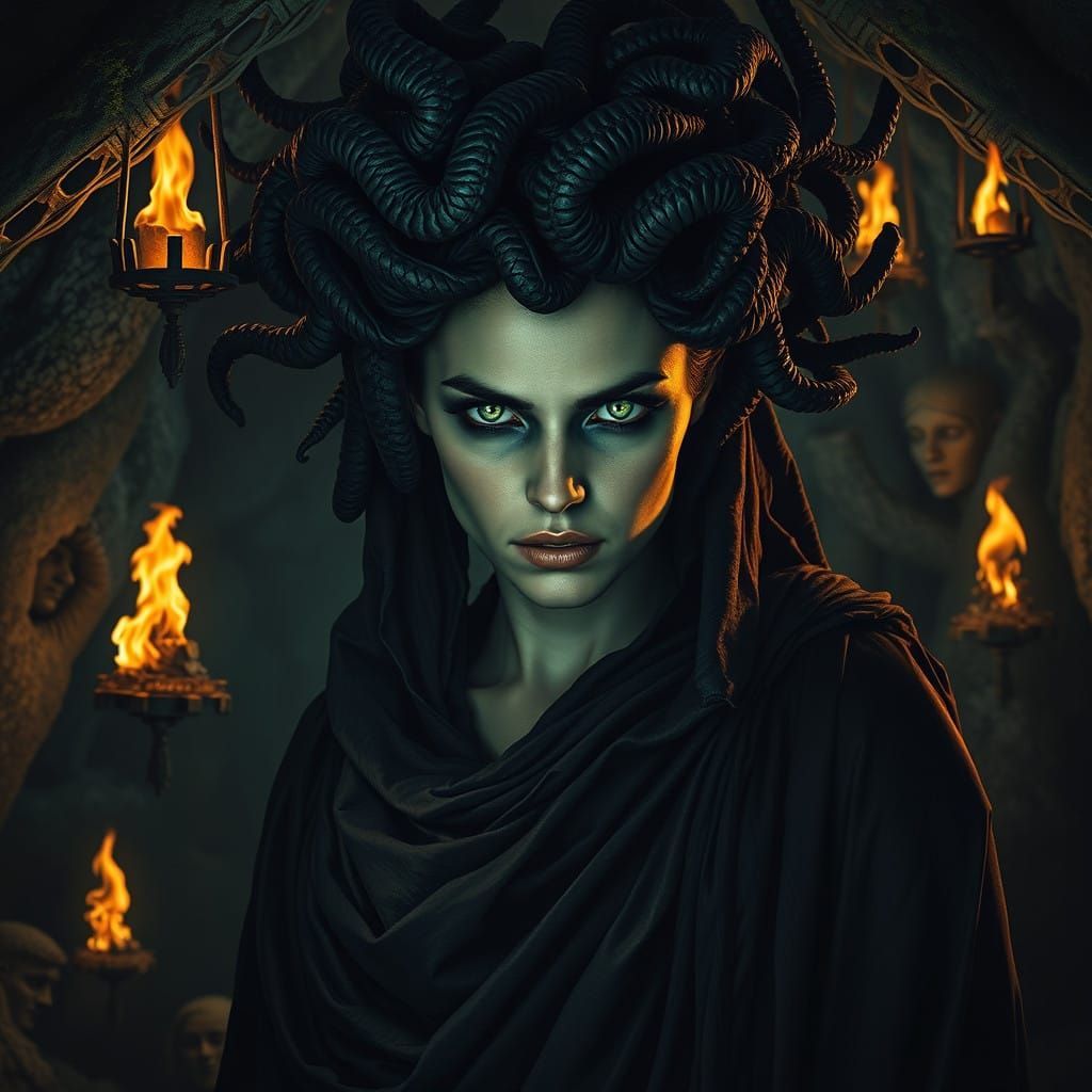 Medusa in Dark Cave Lair with Bonfires and Terrified Statues