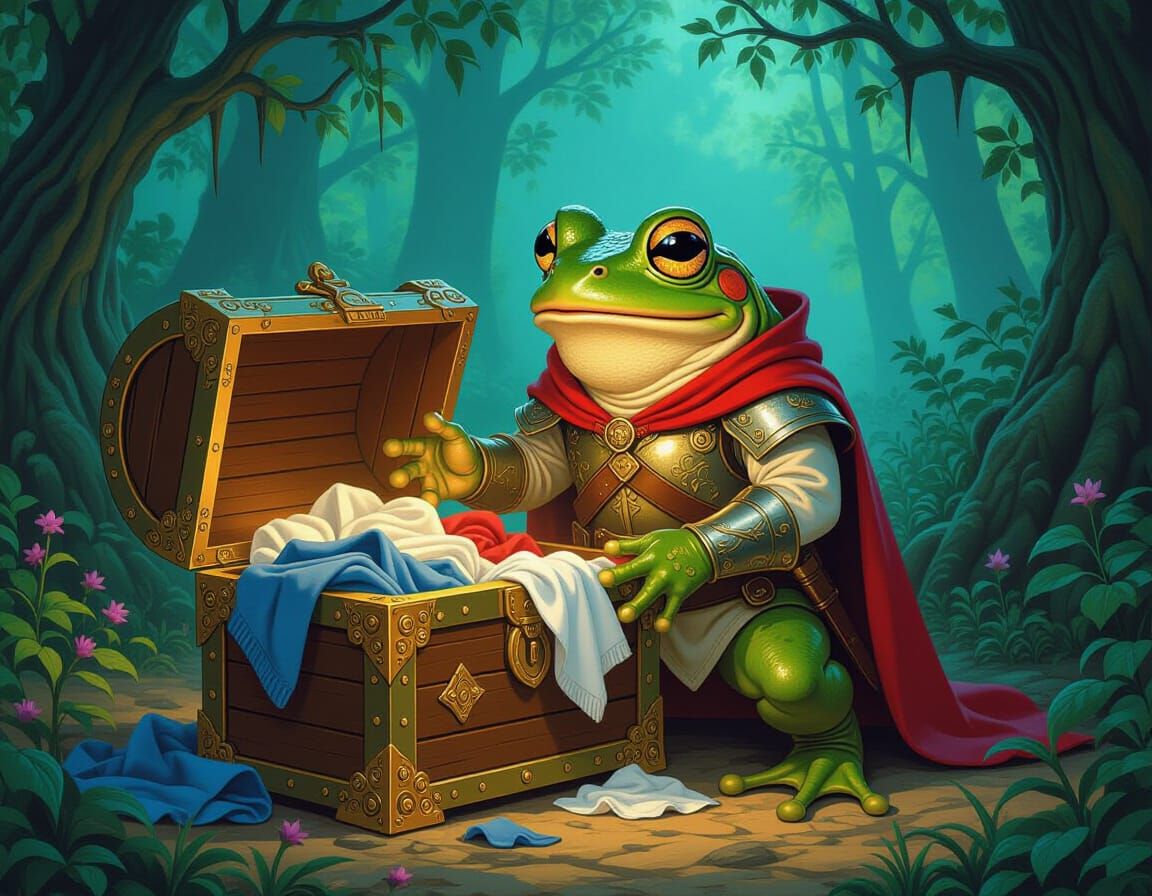 Frog Soldier Finds Laundry in Fantasy Treasure Chest
