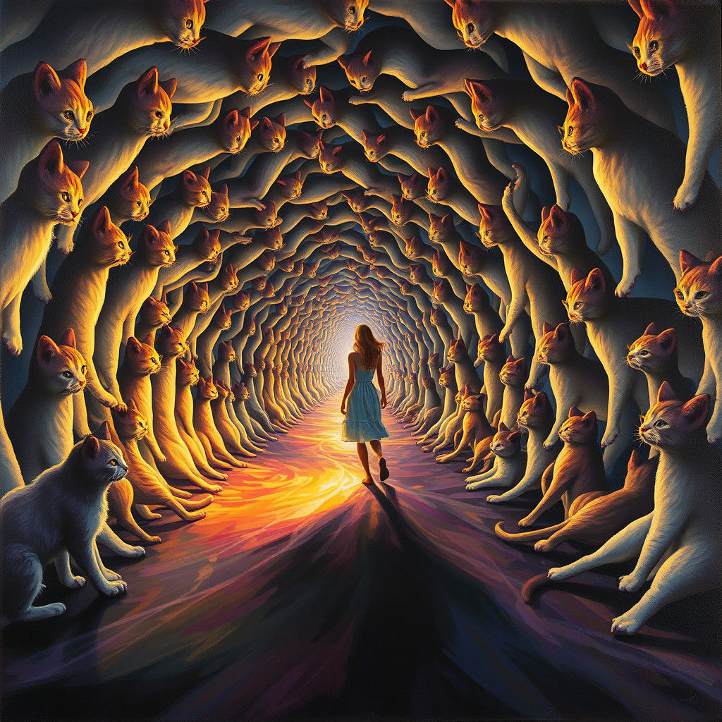 Dreamlike Tunnel of Morphing Cats: Surreal Oil Painting