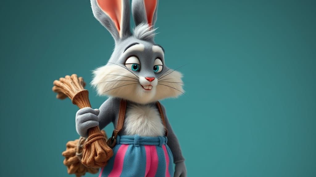 Surreal Gray Rabbit with Fluffy Beard and Striped Pants in V...