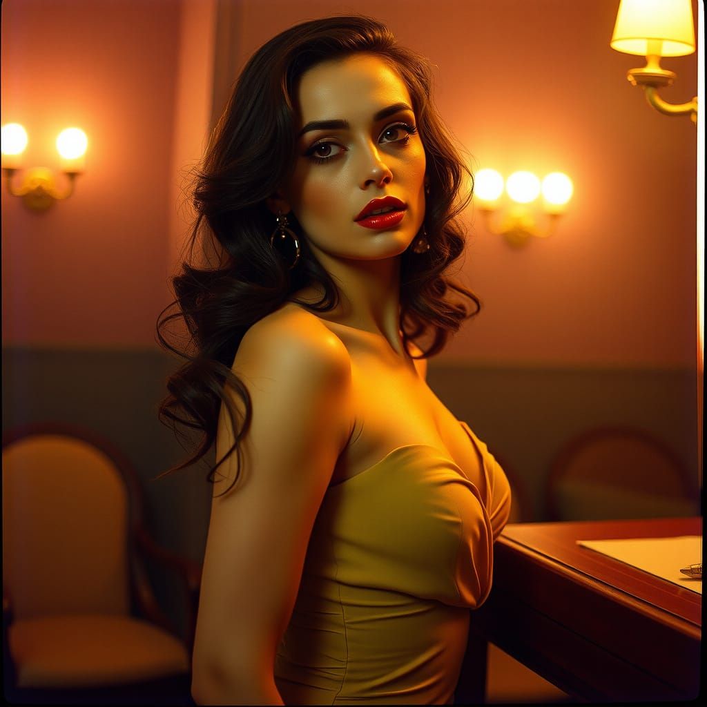 Elegant Woman Posing Sensually in Cinematic Film Still