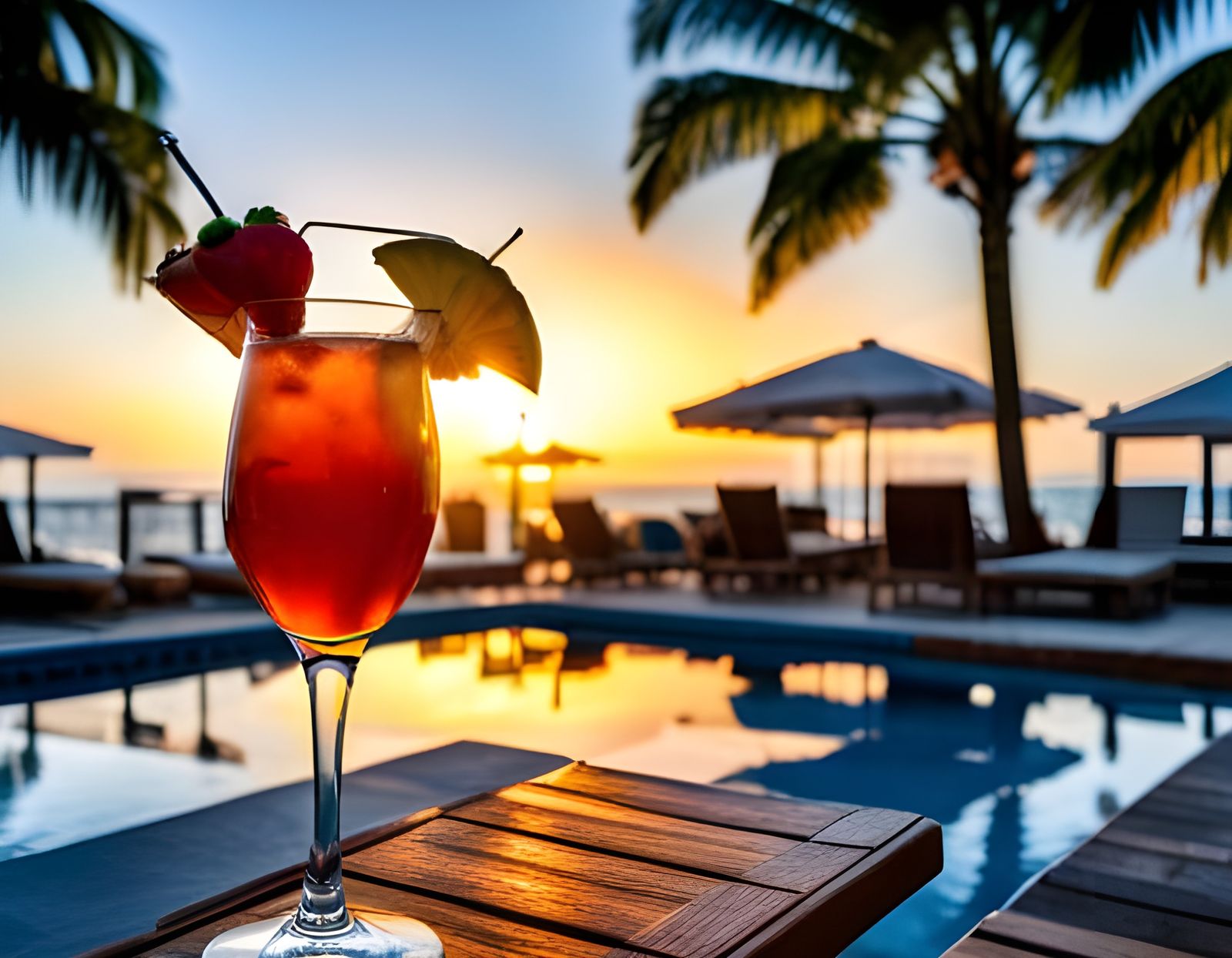 Tropical Poolside Sunset with Cocktail in HDR