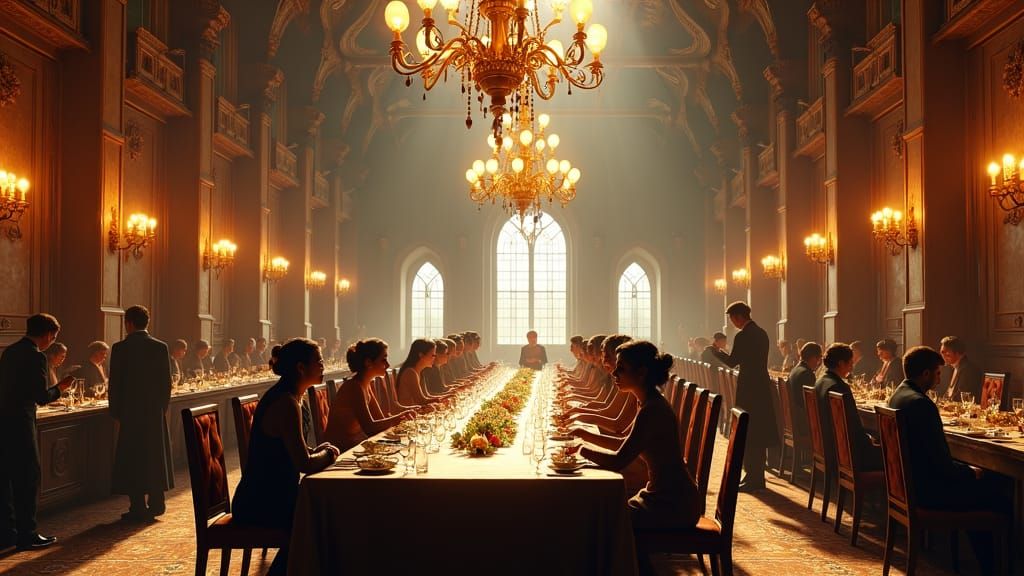 Opulent Dining Hall in Dramatic Lighting