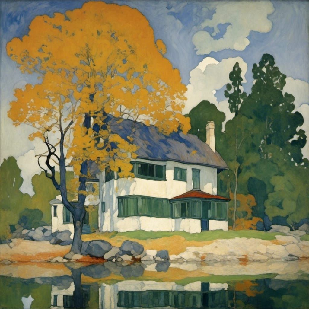 Lakeside House and Tree with Strong Contrast
