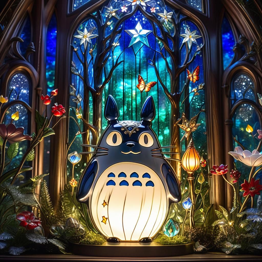 Enchanted Glass Totoro Lamp with Forest Spirits