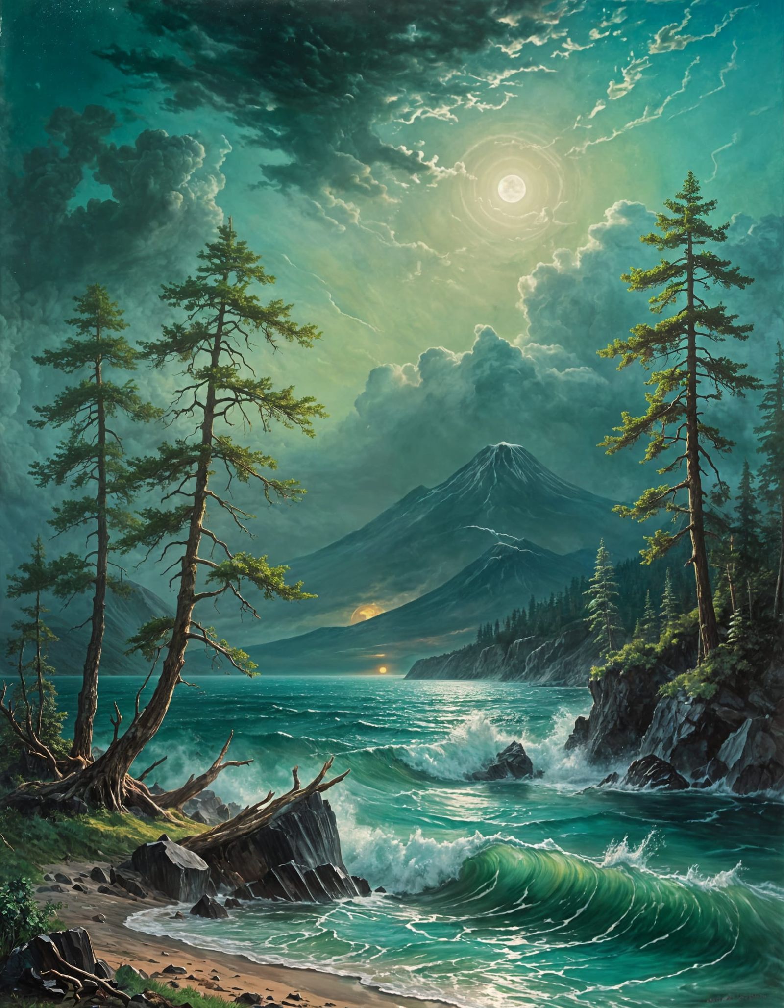 Dramatic Moonrise Over Stormy Lake: Oil Painting