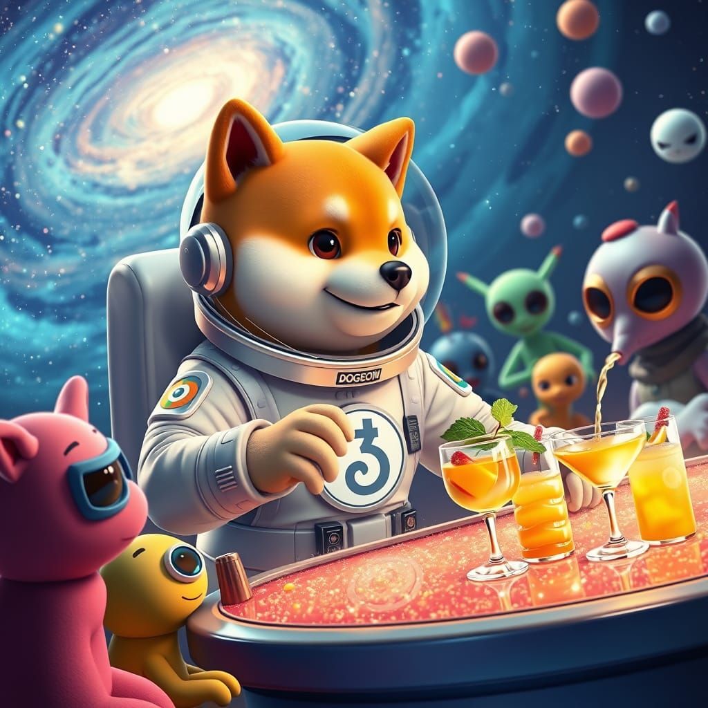 Shiba Inu Astronaut Mixes Cosmic Cocktails in Vibrant Pixar-...