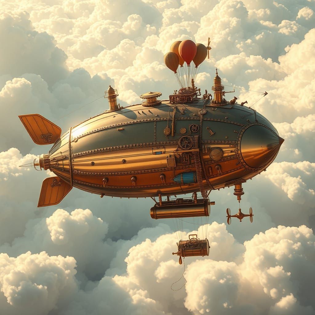 Steampunk Dirigible Drifting Through Clouds