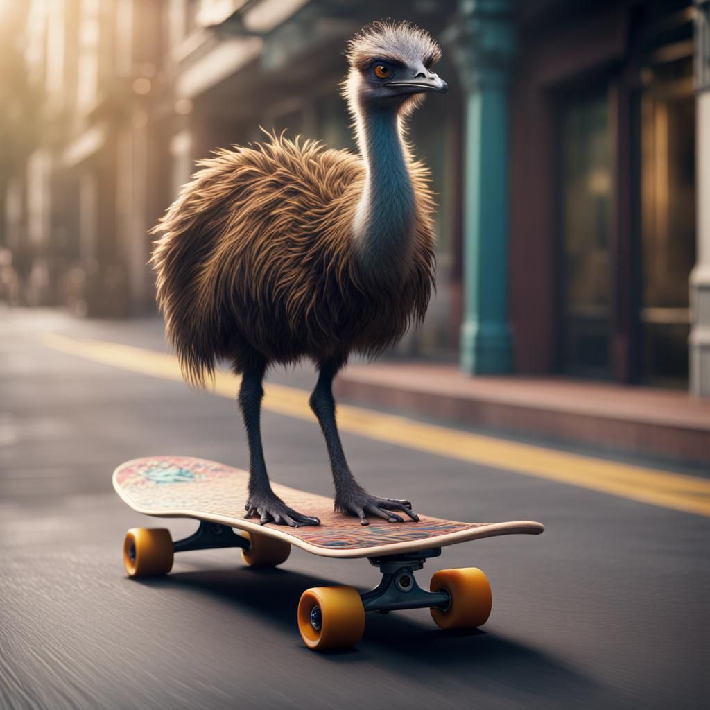 Emu on Skateboard: Detailed Matte Painting