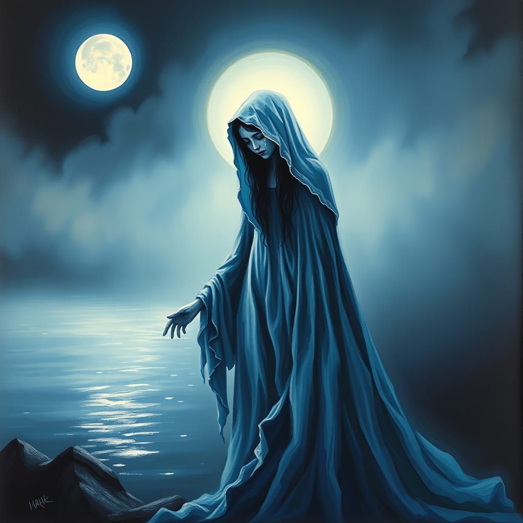 Mystical La Llorona in Celestial Blue by Moonlit Lake