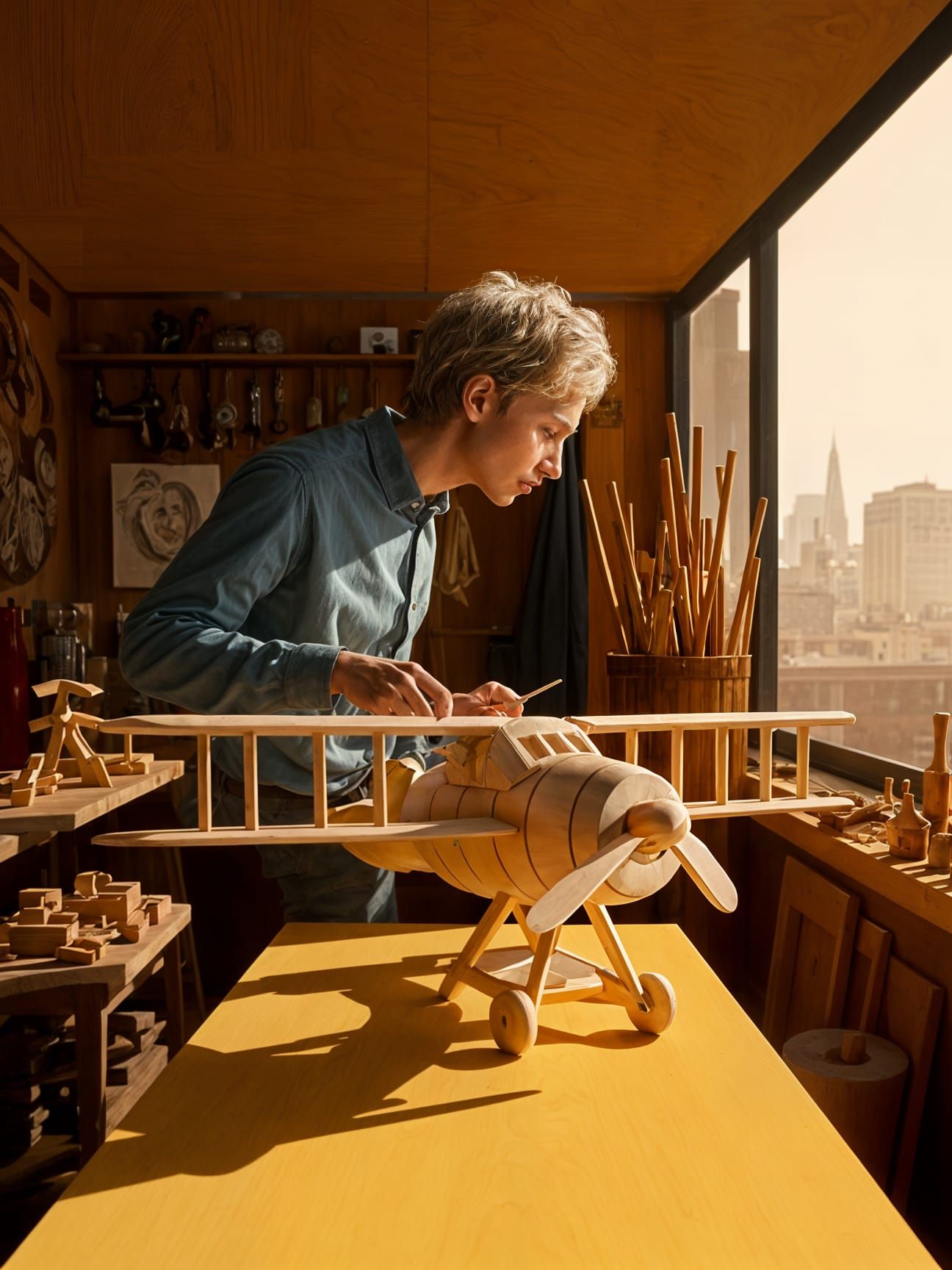 Artist Carving Wooden Airplane in Emeryville Workshop