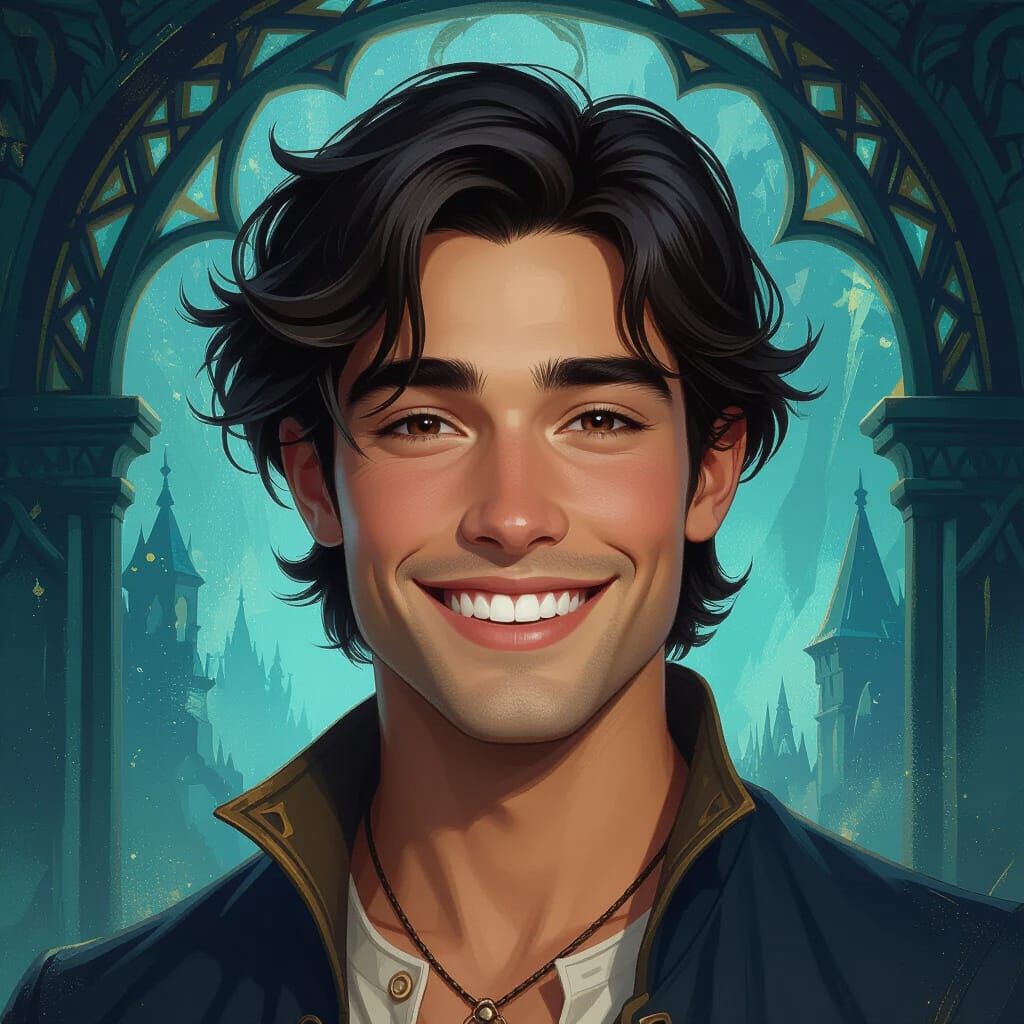 Mystical Portrait of Smiling Young Man as Matte Painting