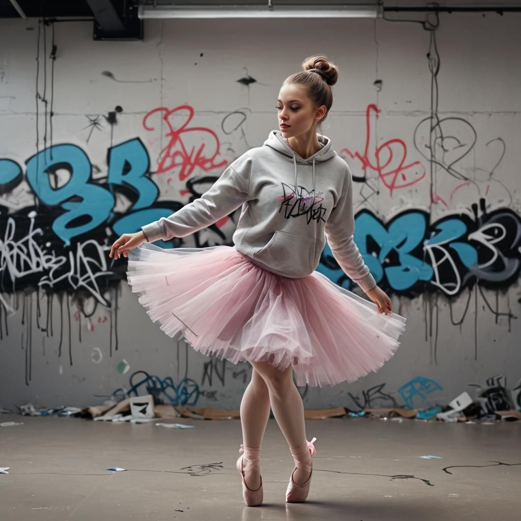 Hyperrealistic Ballerina Dancing with Graffiti Art
