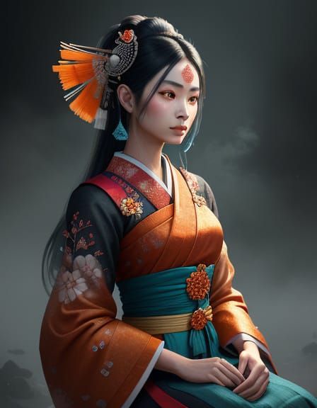 Nepali Geisha Goddess in Vibrant Orange and Grey Hues