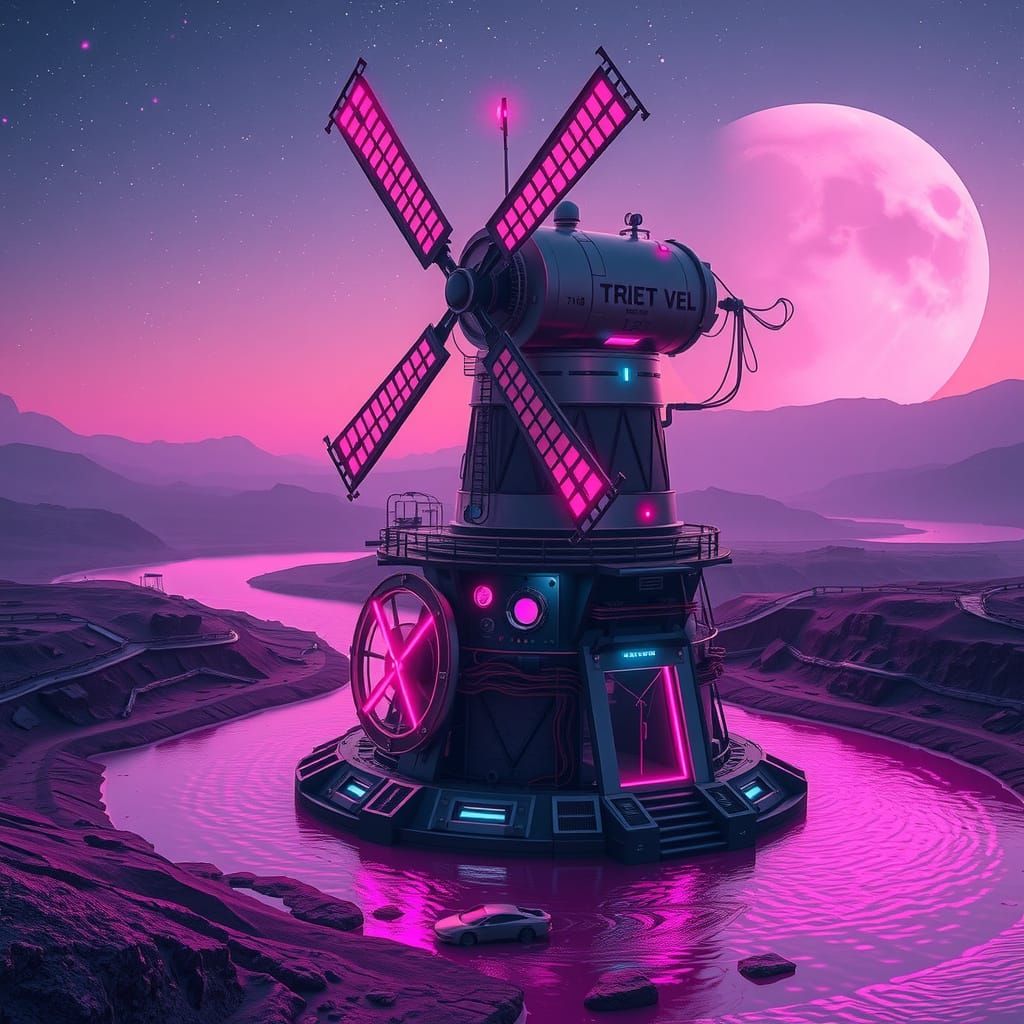 Cyberpunk Windmill Amidst a Desolate Lunar Landscape