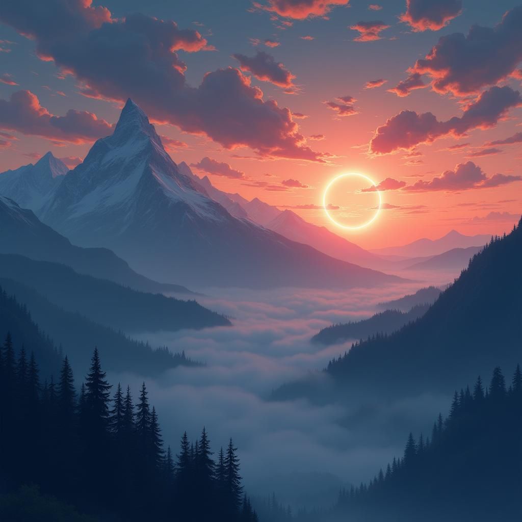 Ethereal Mountain Eclipse in Anime Style